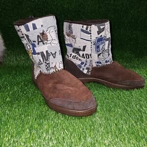 Ugg Boots Men 10 brown Patchwork DIY Upcycle police numbers blue white